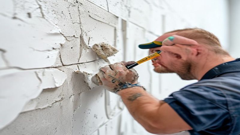 Professional handyman repairing drywall crack with putty knife and joint compound