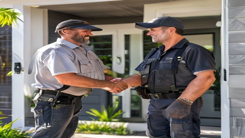 Professional handyman shaking hands with homeowner at front door of Miami home