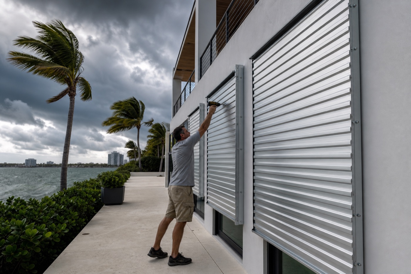Hurricane shutters on a Miami coastal home
