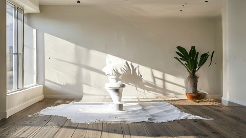 Professional painter rolling fresh white paint on interior wall in Miami home