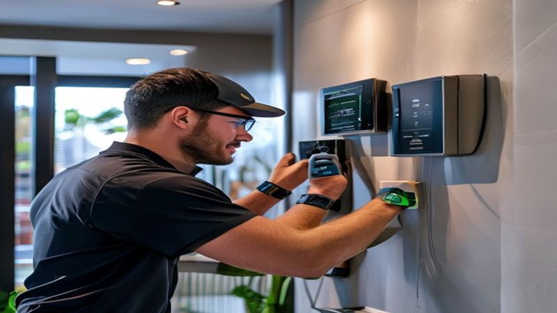 Professional technician installing smart thermostat on wall in modern Miami home