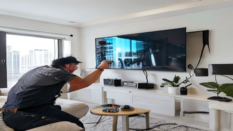 Professional handyman mounting flat screen TV on wall in Miami apartment