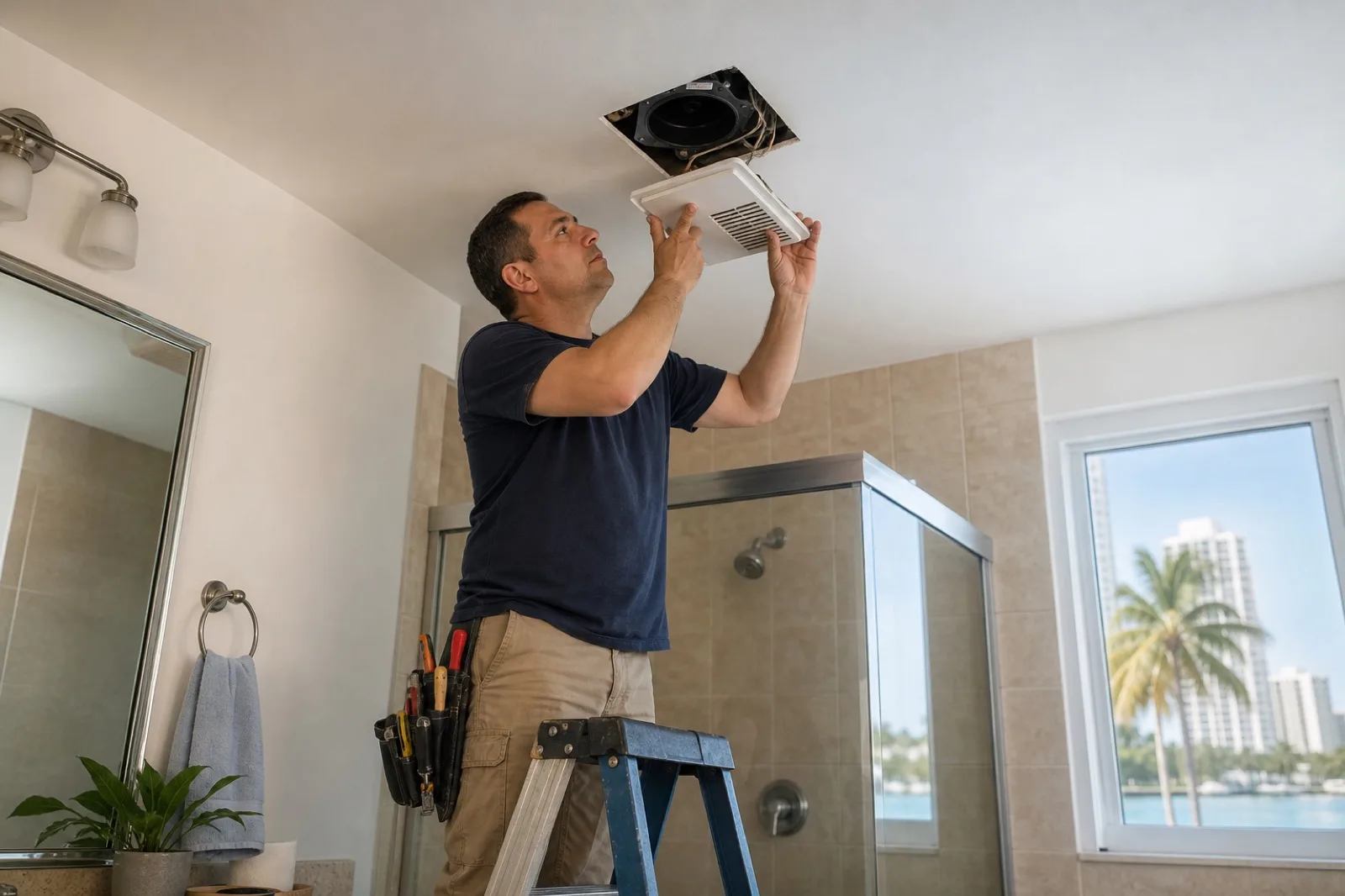 Handyman replacing a bathroom ceiling exhaust fan in a Miami condo