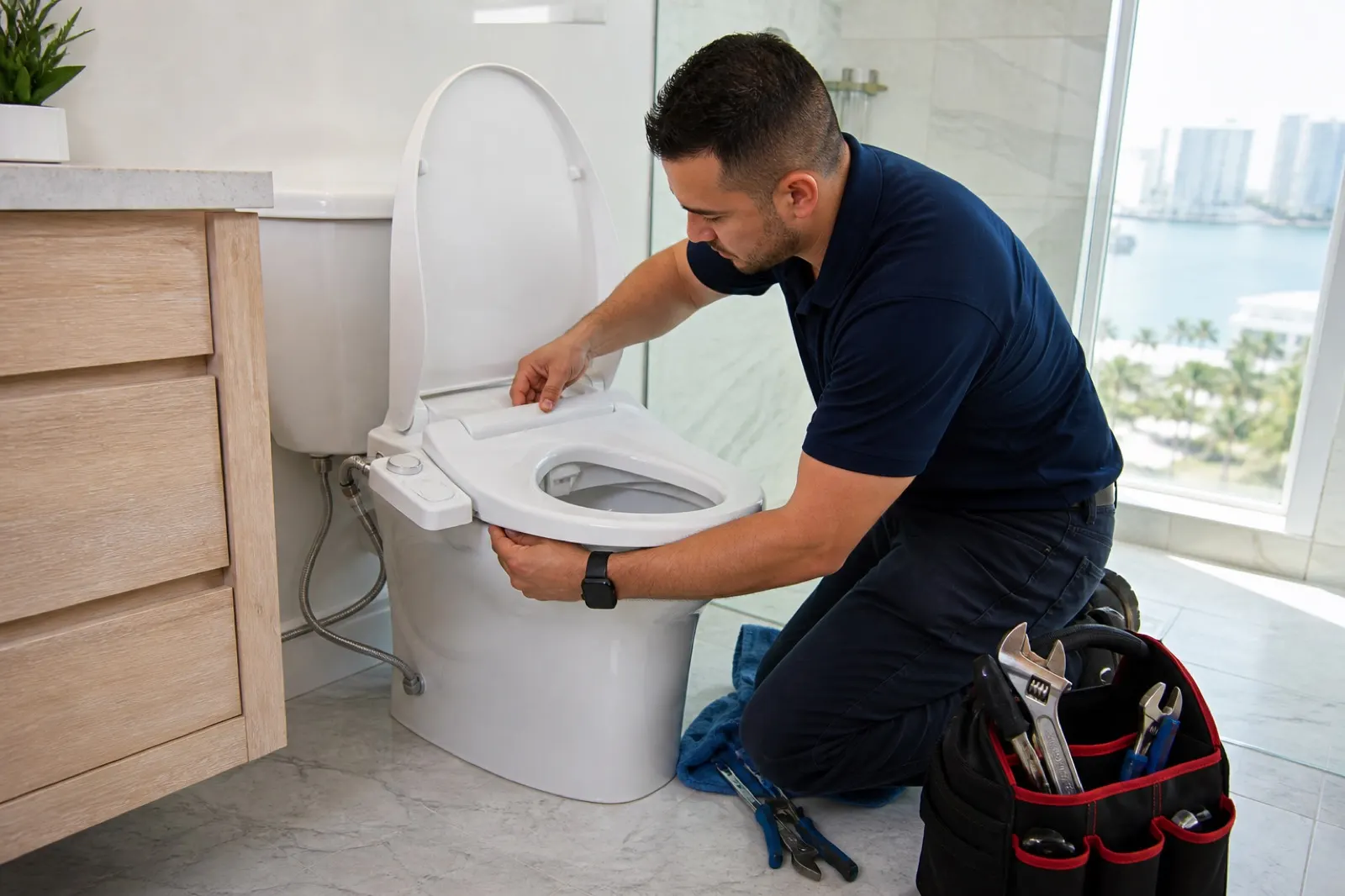 Handyman installing a bidet toilet seat attachment in a Miami bathroom