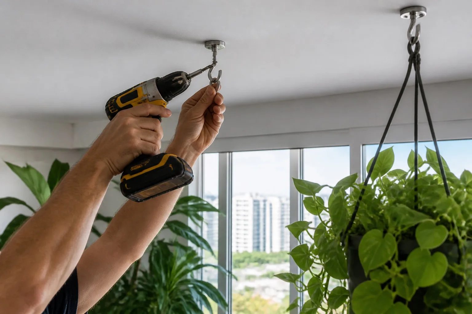 Handyman installing a ceiling hook for a hanging plant in a Miami condo