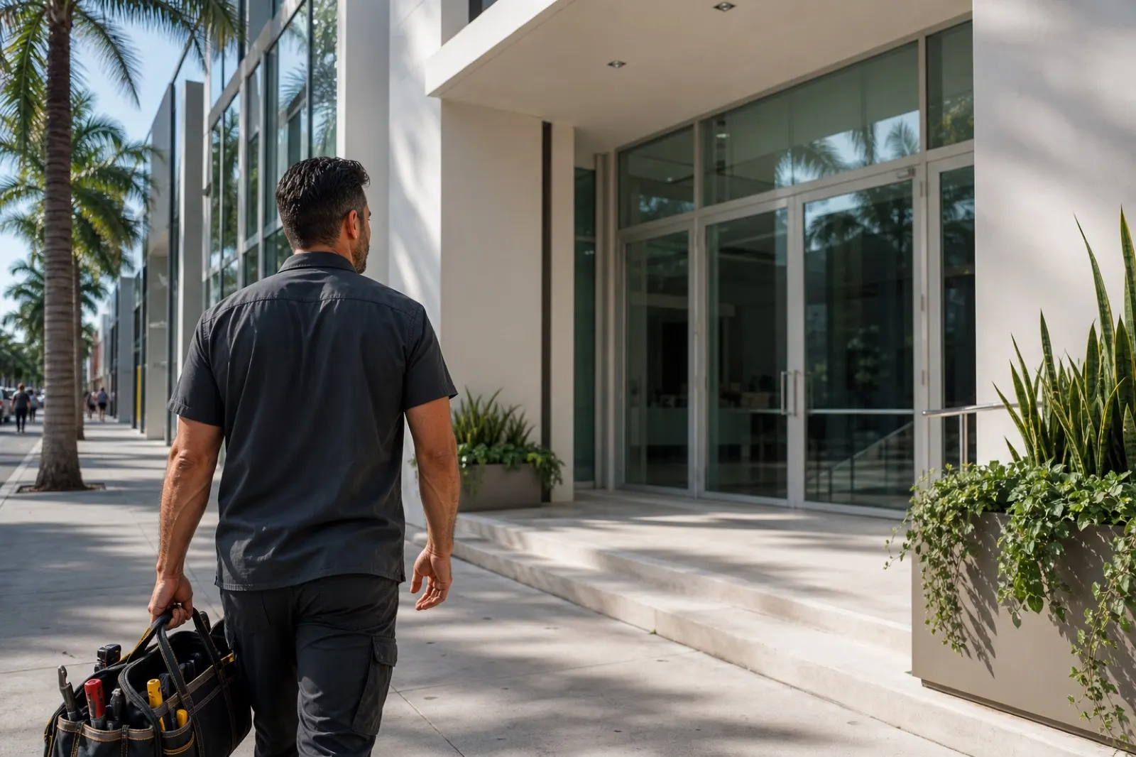 Handyman arriving at a Miami Design District mid-rise for a service visit