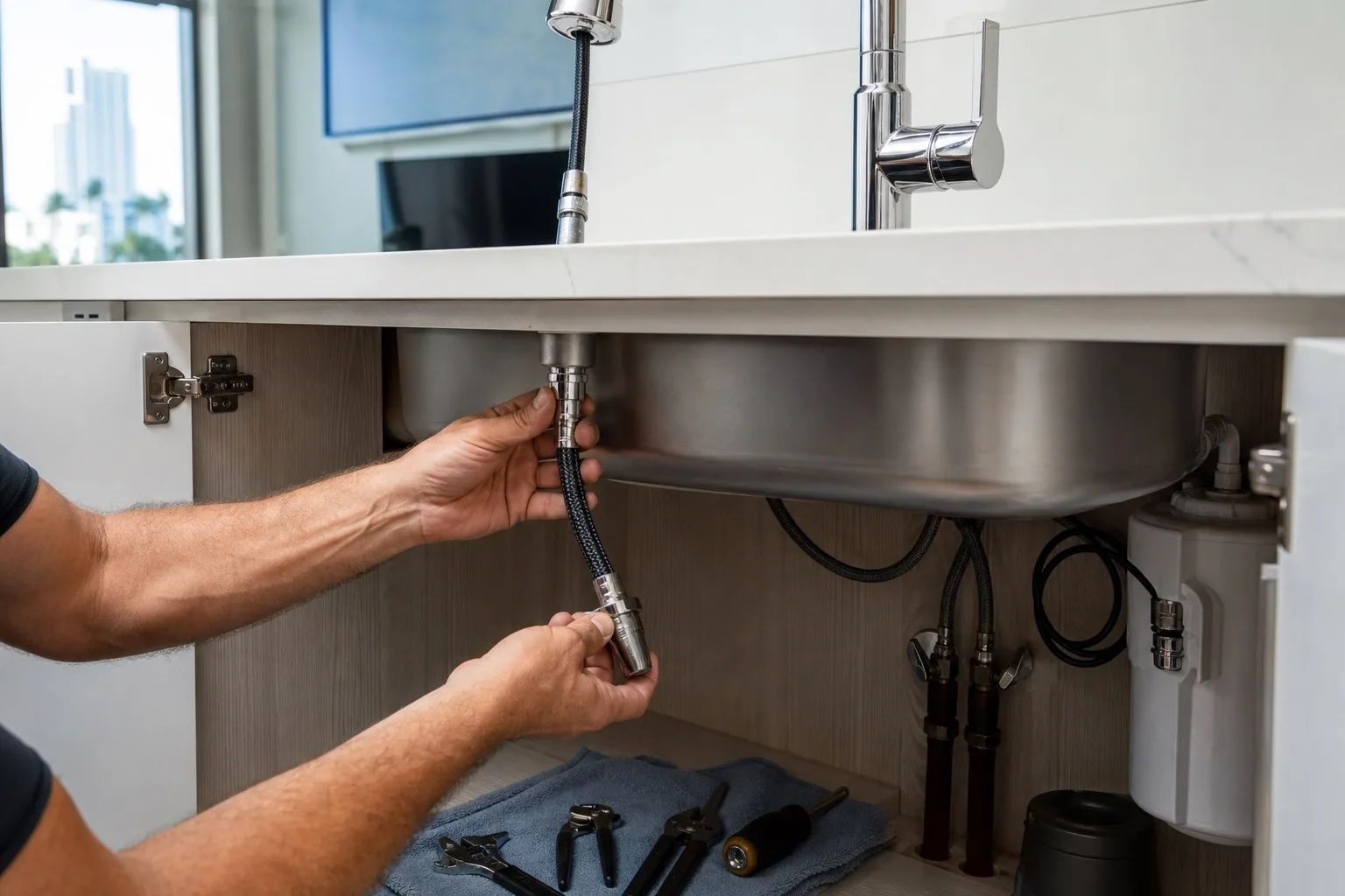 Handyman replacing a kitchen faucet pull-down sprayer hose under a Miami sink