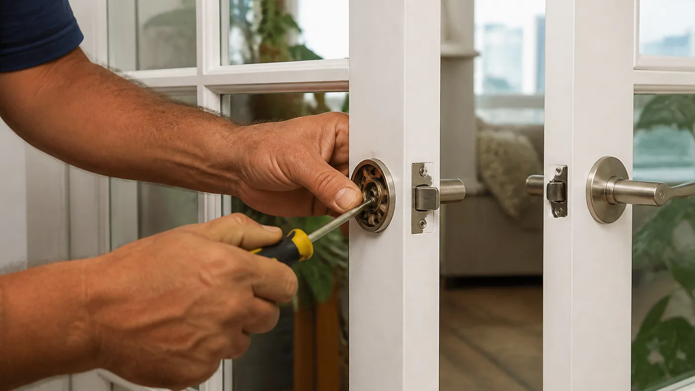 Handyman replacing a French door handle and lever set in Miami