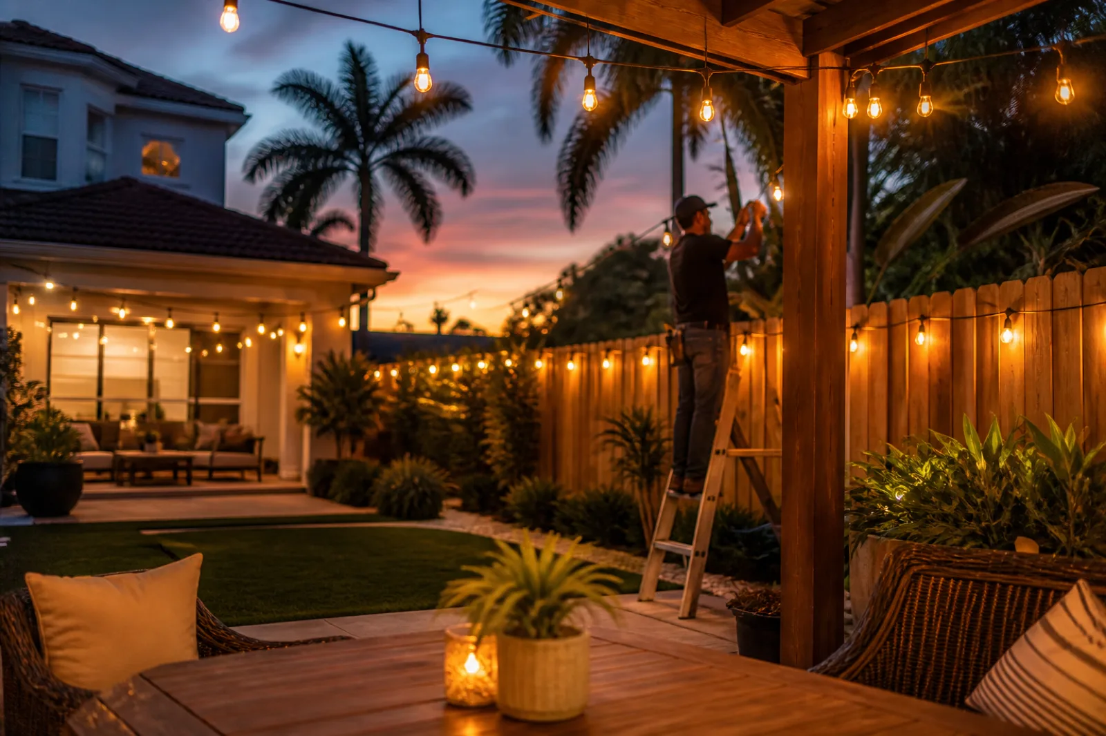 Outdoor string lights hung across a Miami backyard patio at dusk