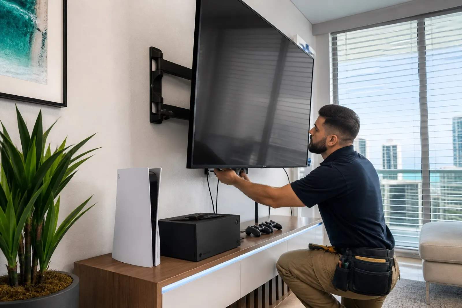 Handyman mounting a TV above a gaming console setup in a Miami condo