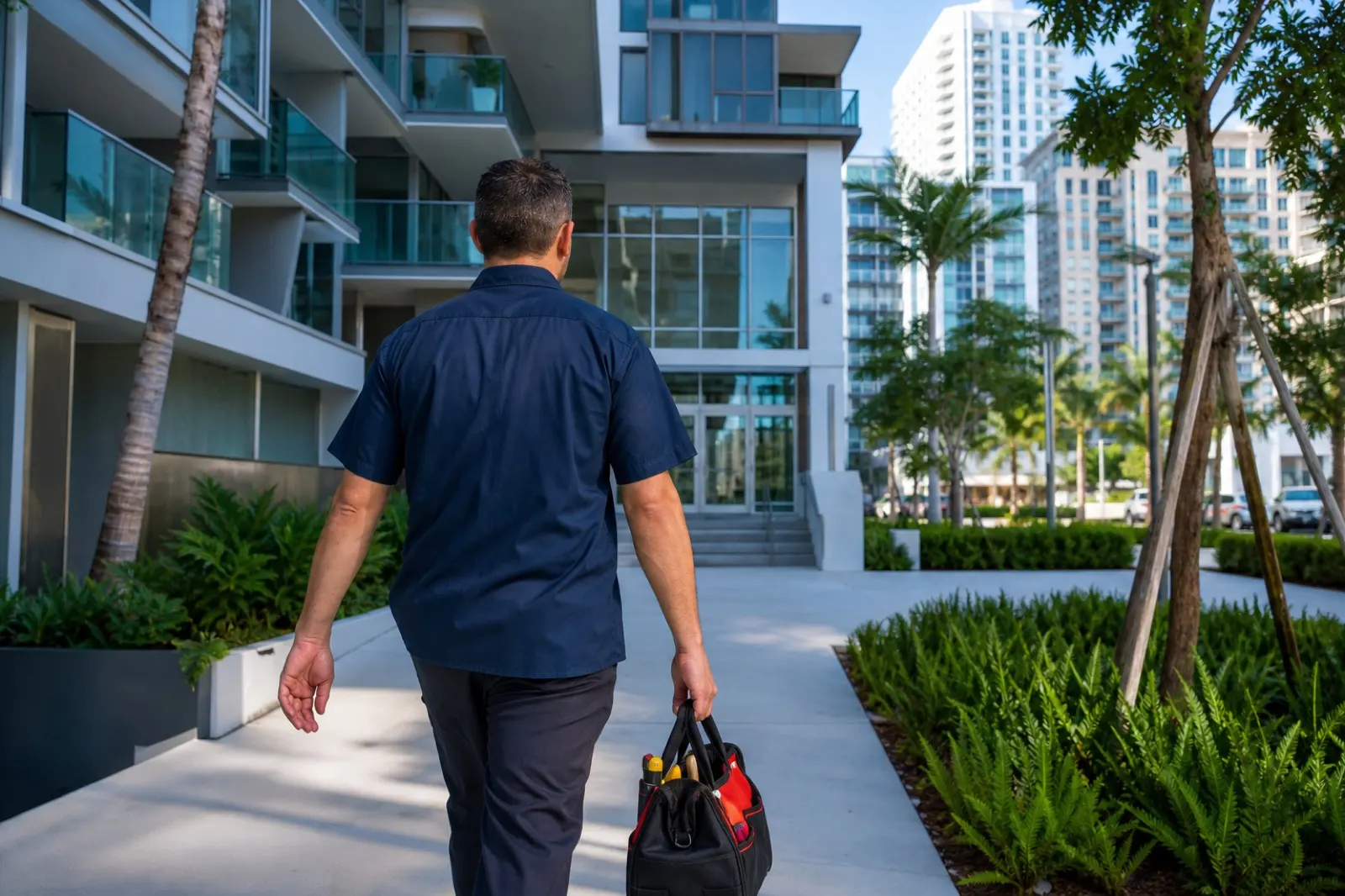 Handyman arriving at a Midtown Miami mid-rise for a service visit