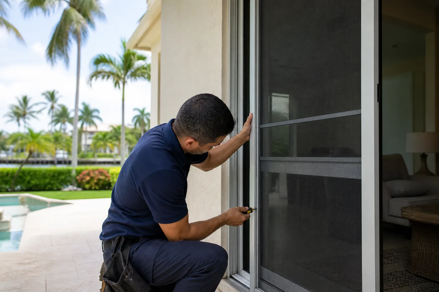 Handyman repairing a sliding patio screen door on a Miami home