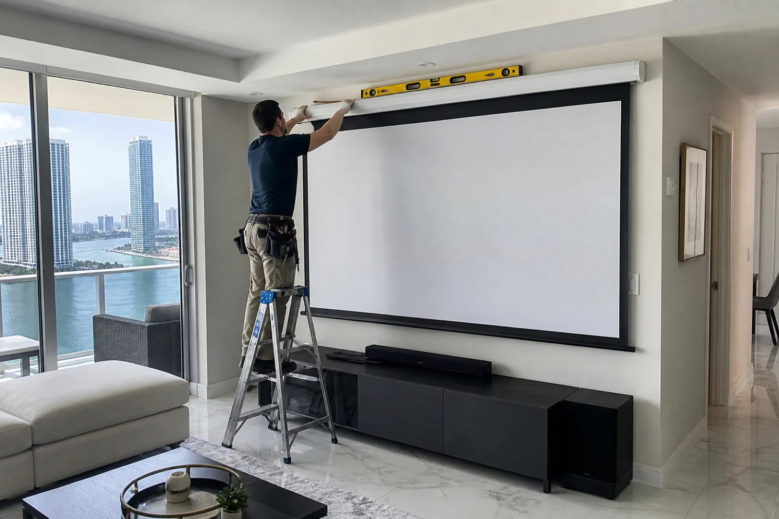 Handyman mounting a projector screen on a Miami living room wall