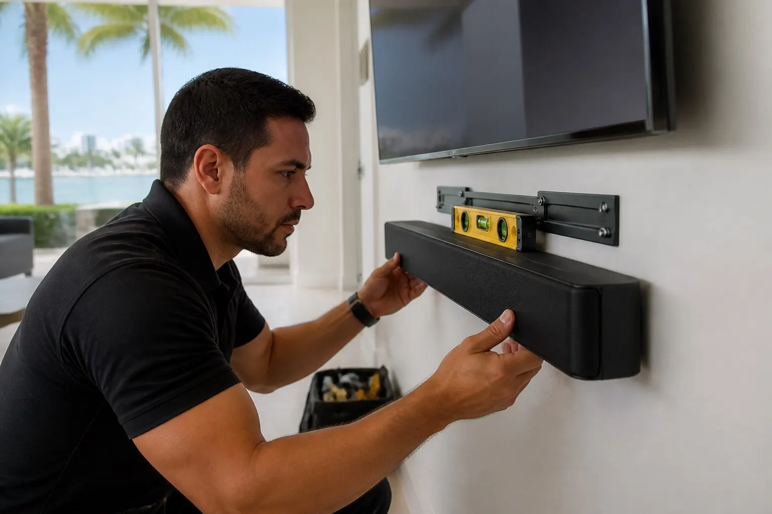 Handyman mounting a soundbar under a wall TV in a Miami living room