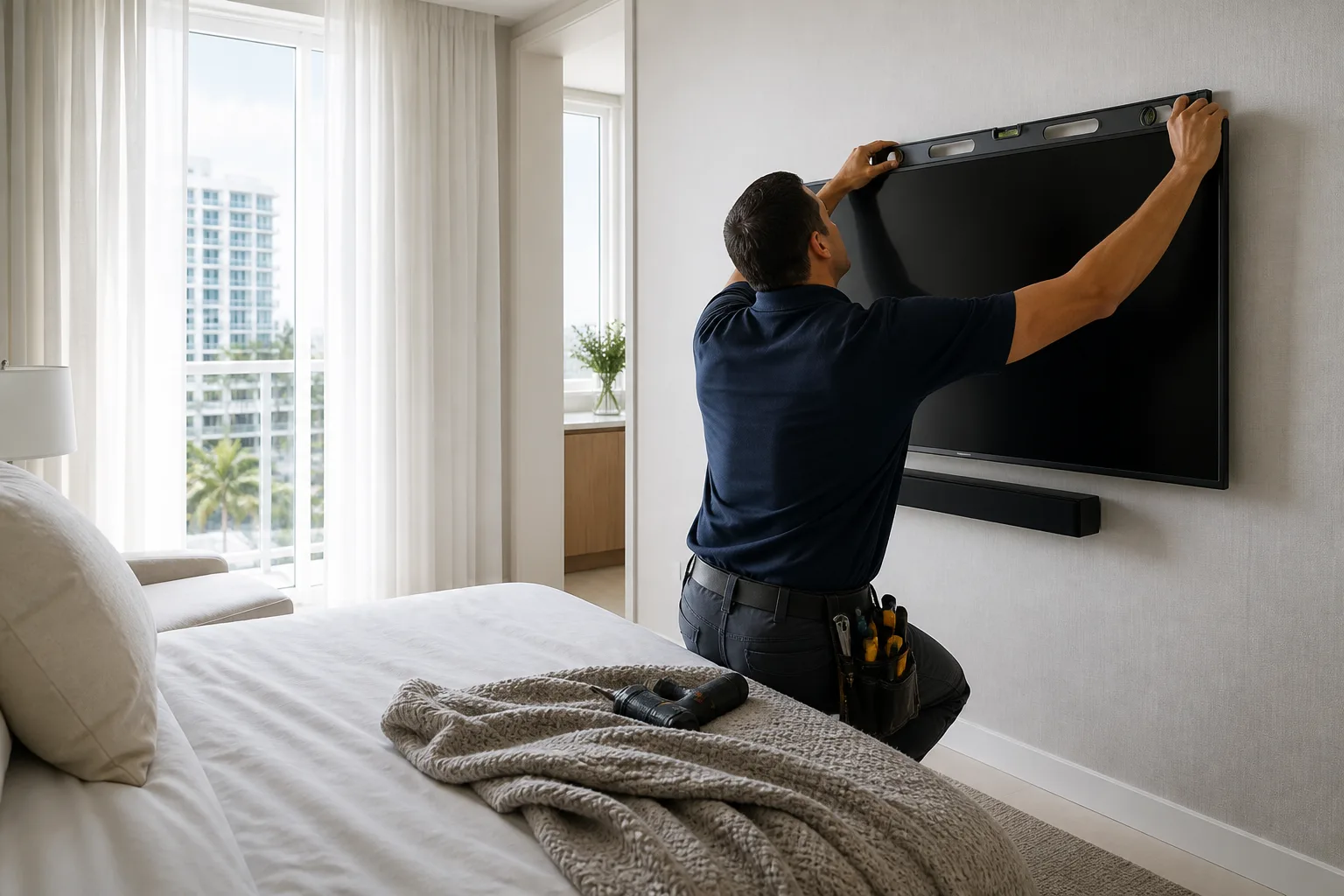 Handyman hanging a flat-screen TV on a Miami condo bedroom wall