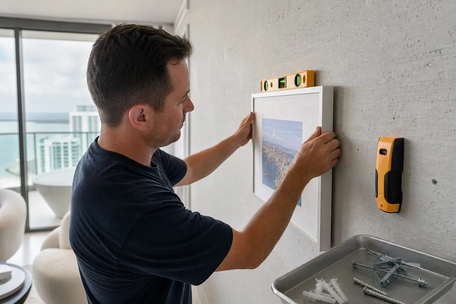 Handyman hanging framed art with proper wall anchors in a Miami condo