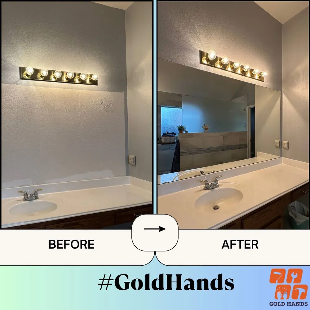 Before and after: large wall mirror installed above a double vanity