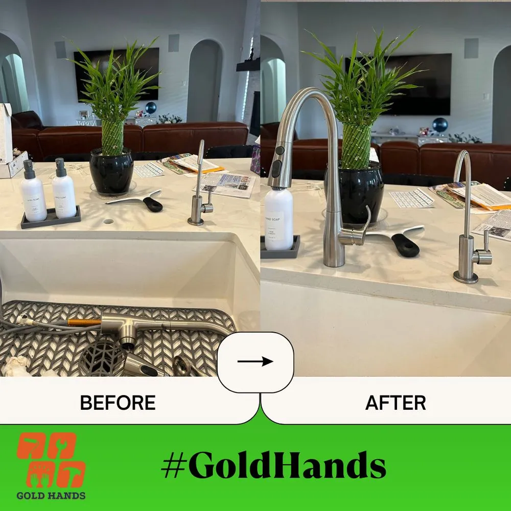 Before and after: kitchen faucet replaced on a white stone countertop