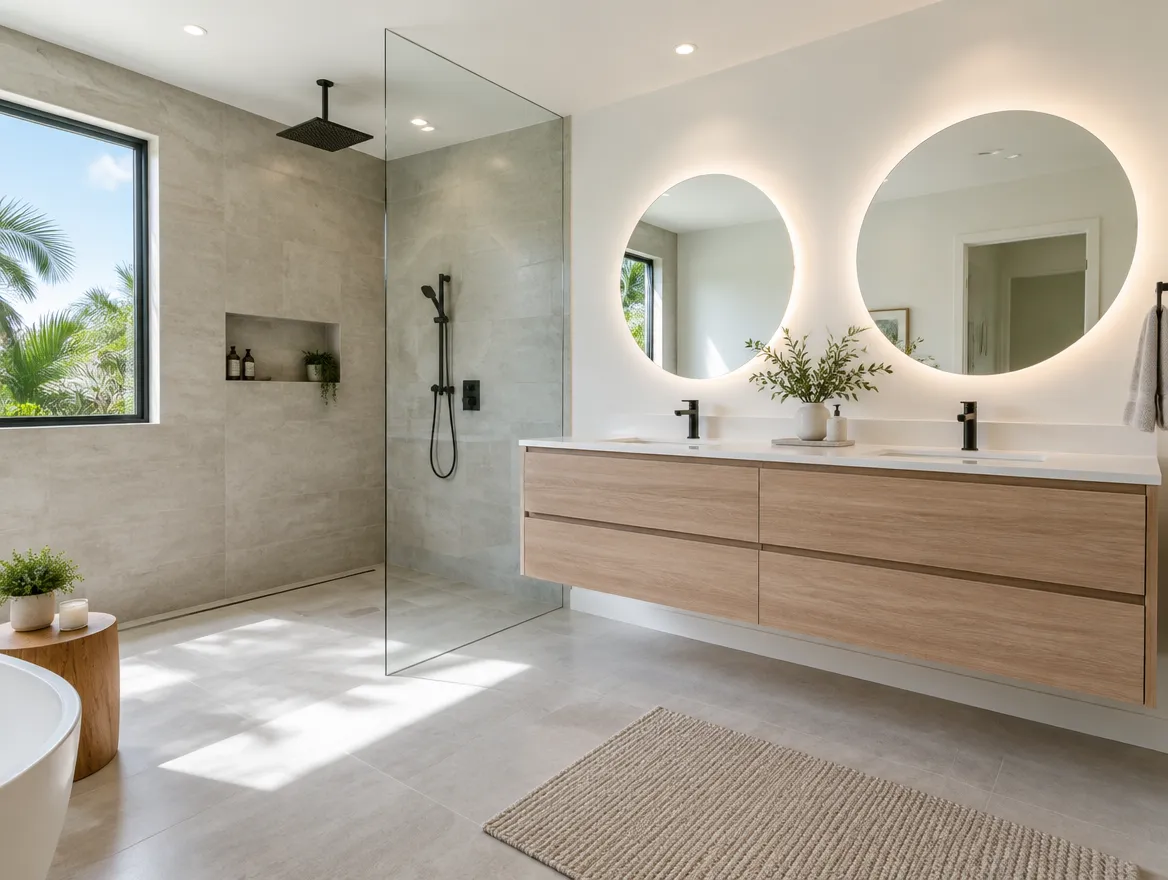 Illustration: walk-in shower with frameless glass and large-format porcelain tile