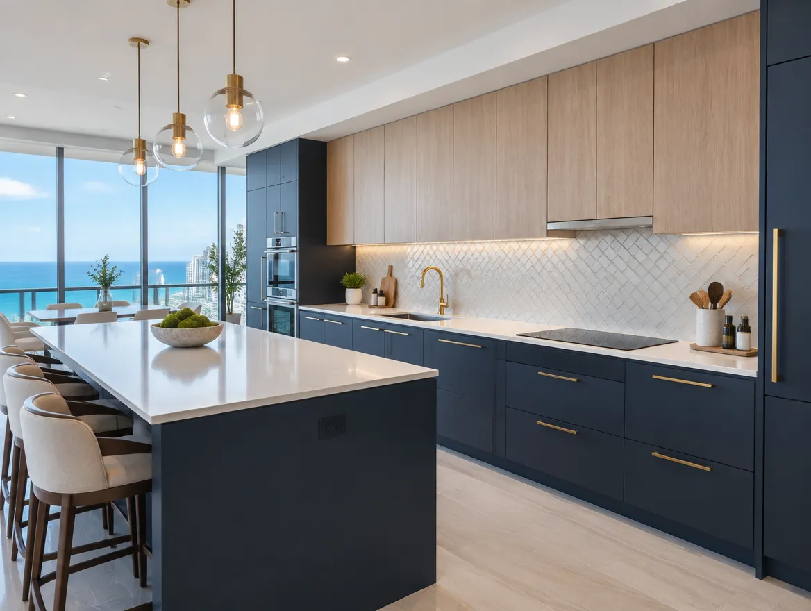 Ilustración: cocina de condominio con gabinetes azul marino, topes de cuarzo y backsplash de azulejo