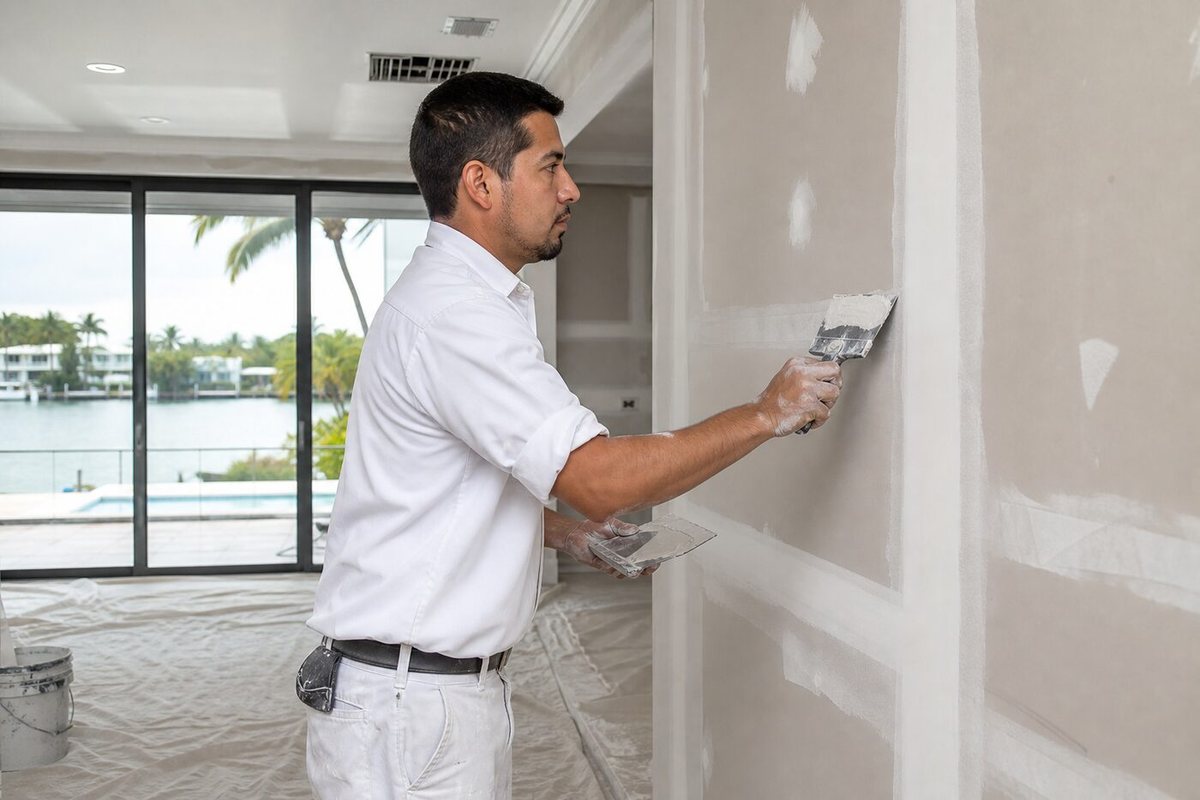 Gold Hands tech patching drywall in a Miami home