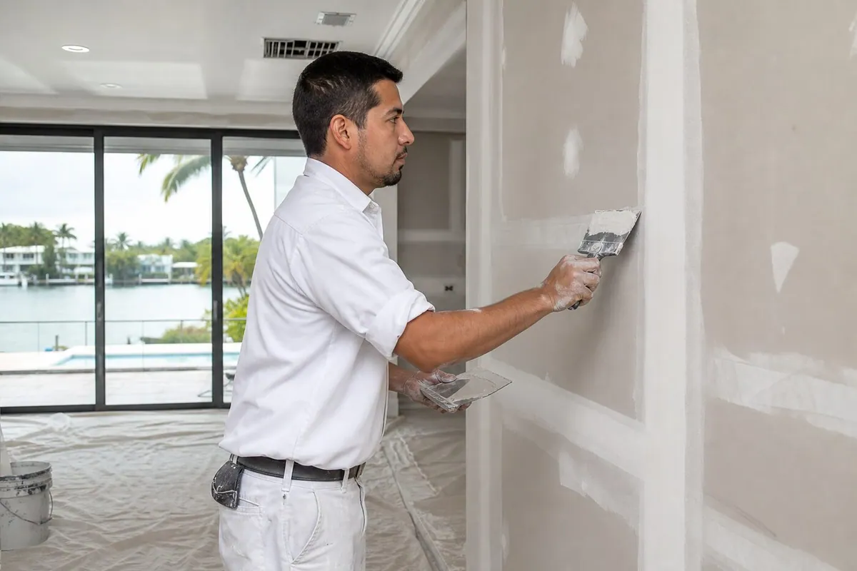 Close-up of professional wall patch and sanding before paint